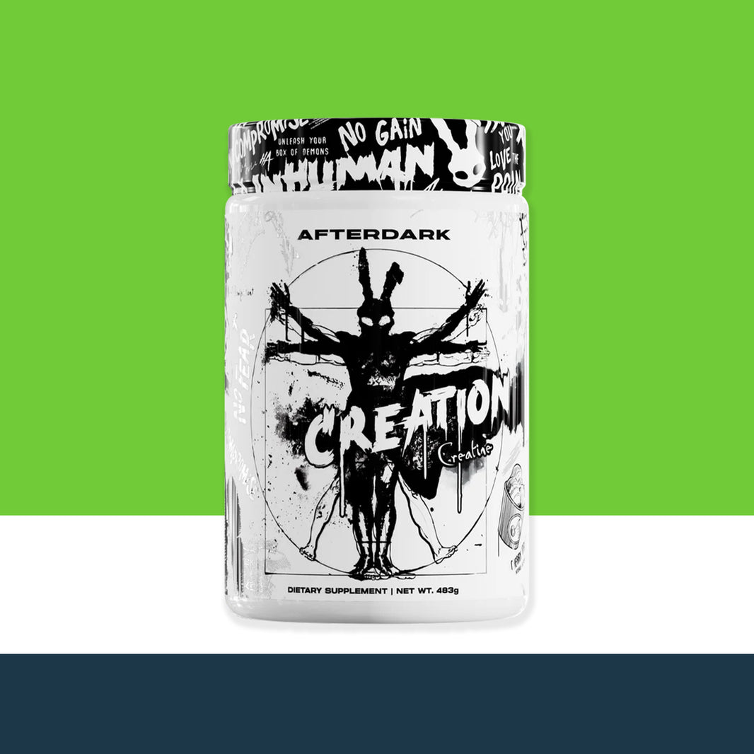 'After Dark' supplement container with artistic design on a green and white background