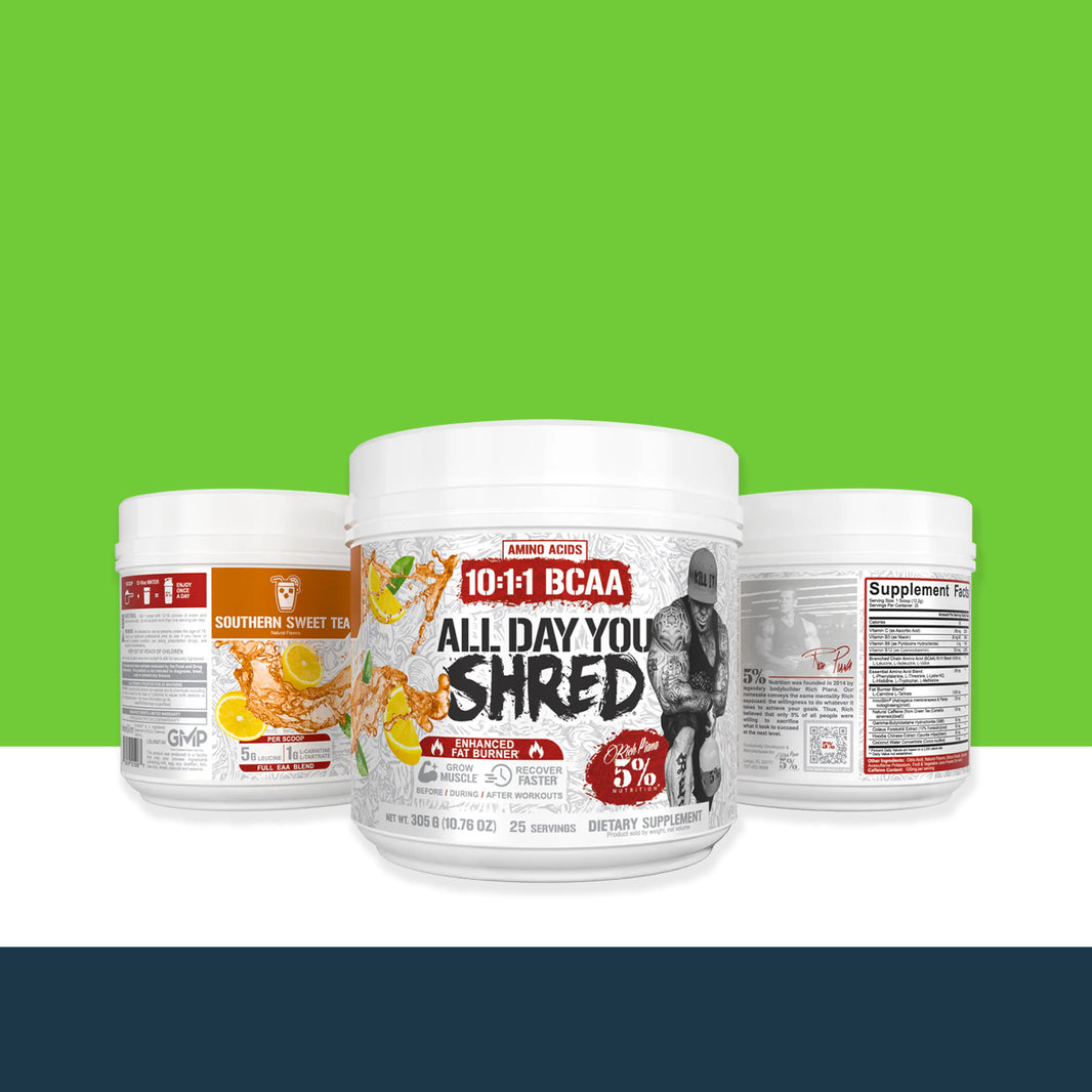 Three '5% Nutrition' supplement containers with a green background