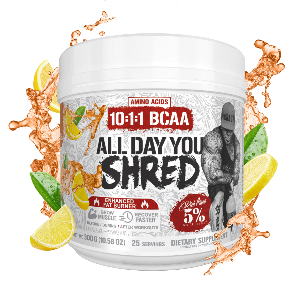 '5% Nutrition' supplement container labeled 'All Day You Shred' with lemon slices and amino acid text on a white background