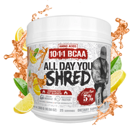 '5% Nutrition' supplement container labeled 'All Day You Shred' with lemon slices and amino acid text on a white background