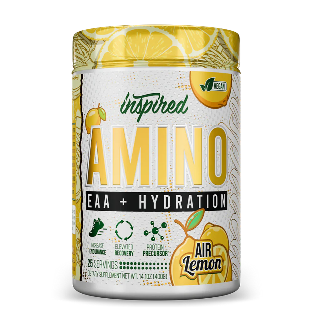 Supplement container labeled 'Inspired Amino EAA + Hydration' with lemon design on a white background