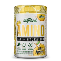 Supplement container labeled 'Inspired Amino EAA + Hydration' with lemon design on a white background