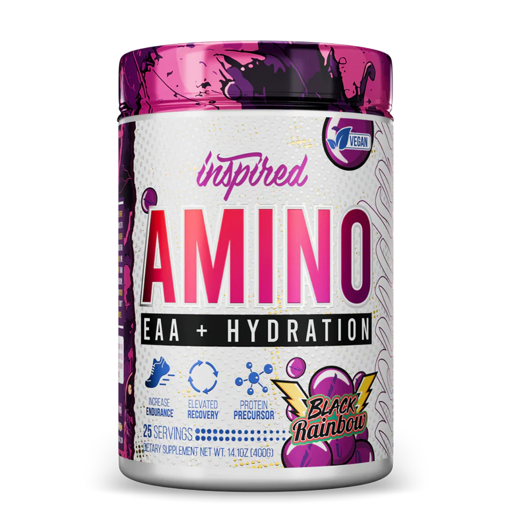 Supplement container labeled 'Inspired AMINO EAA + Hydration' with colorful design on a white background