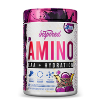 Supplement container labeled 'Inspired AMINO EAA + Hydration' with colorful design on a white background