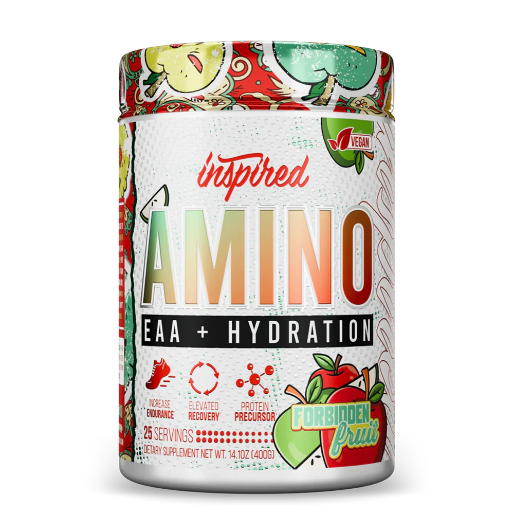 Supplement container labeled 'Inspired AMINO EAA + HYDRATION' with colorful design on a white background