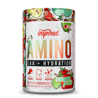 Supplement container labeled 'Inspired AMINO EAA + HYDRATION' with colorful design on a white background