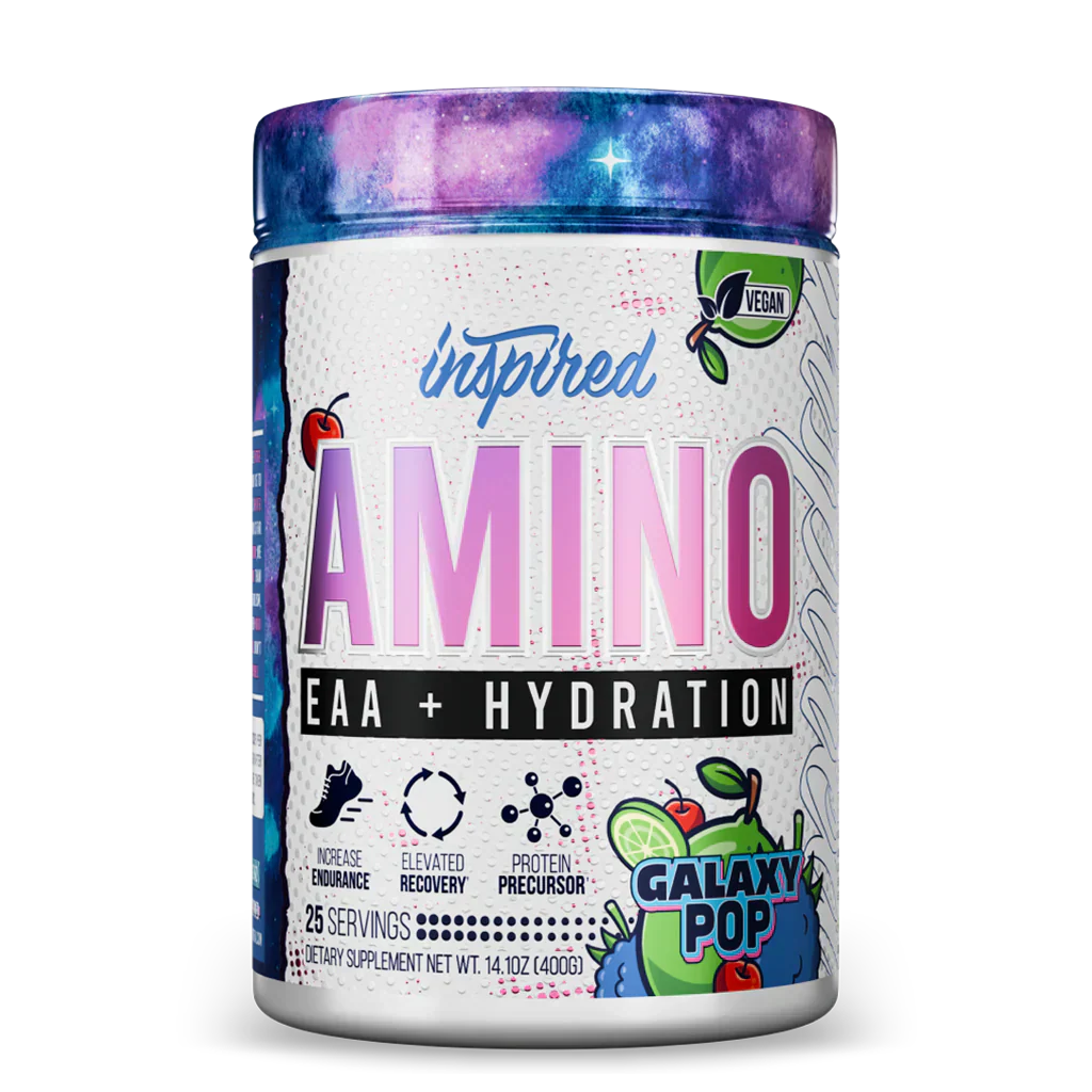 Supplement container labeled 'Inspired AMINO EAA + Hydration' with galaxy pop flavor on a white background