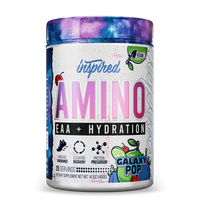 Supplement container labeled 'Inspired AMINO EAA + Hydration' with galaxy pop flavor on a white background