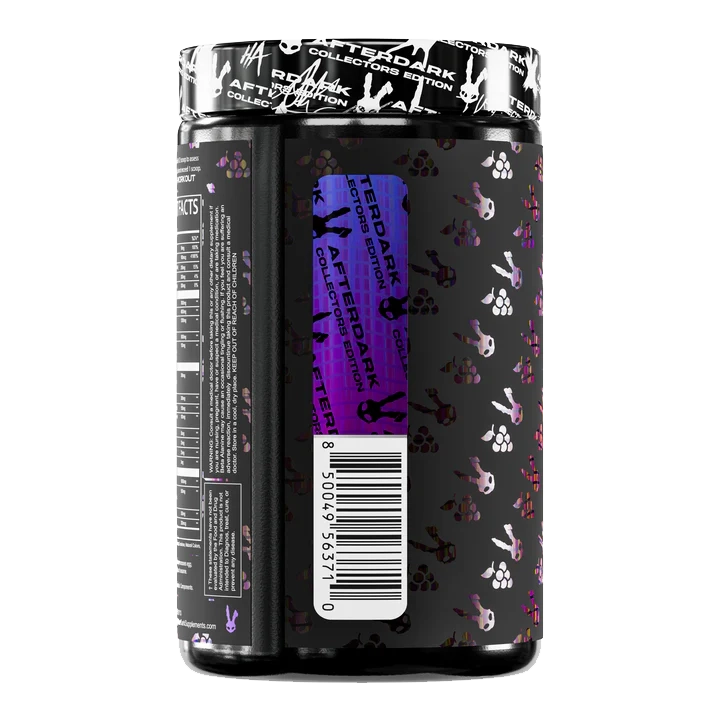 Black 'After Dark' supplement container with purple label and white text on a white background