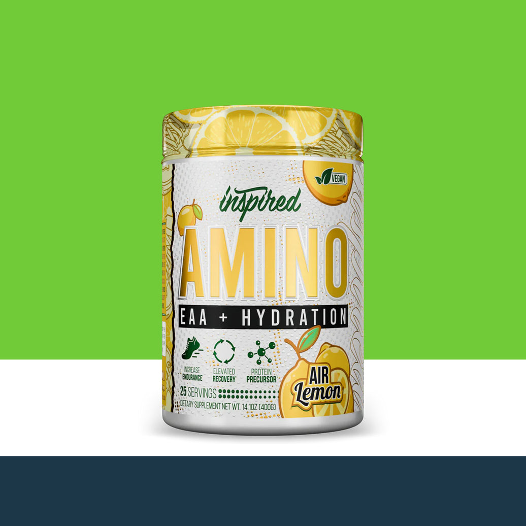 Supplement container labeled 'Inspired Amino EAA + Hydration' with lemon flavor on a green background