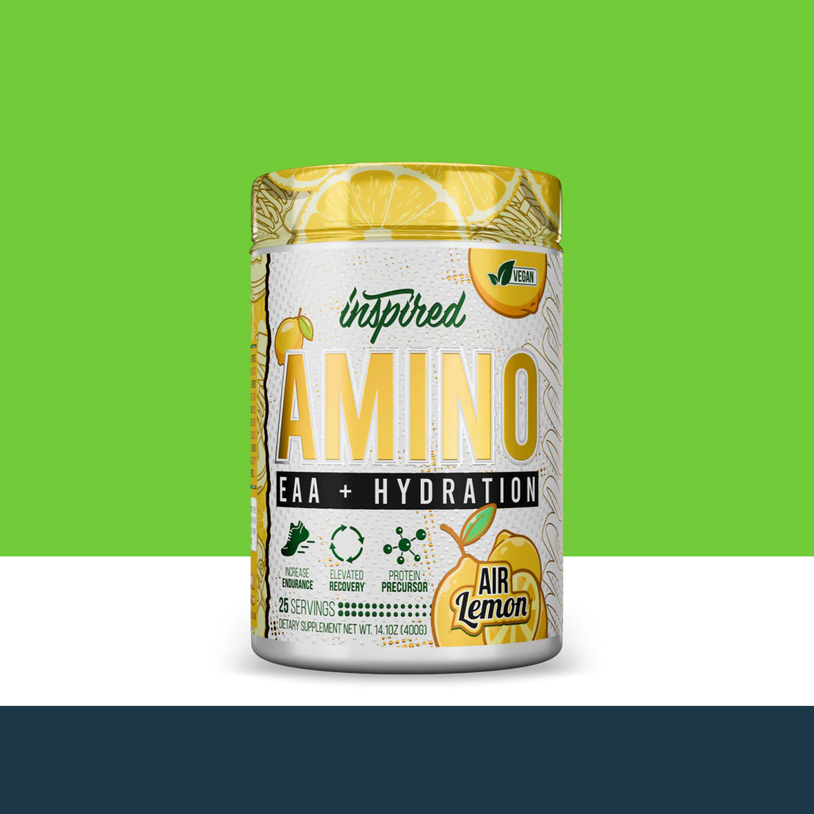 Supplement container labeled 'Inspired Amino EAA + Hydration' with lemon flavor on a green background