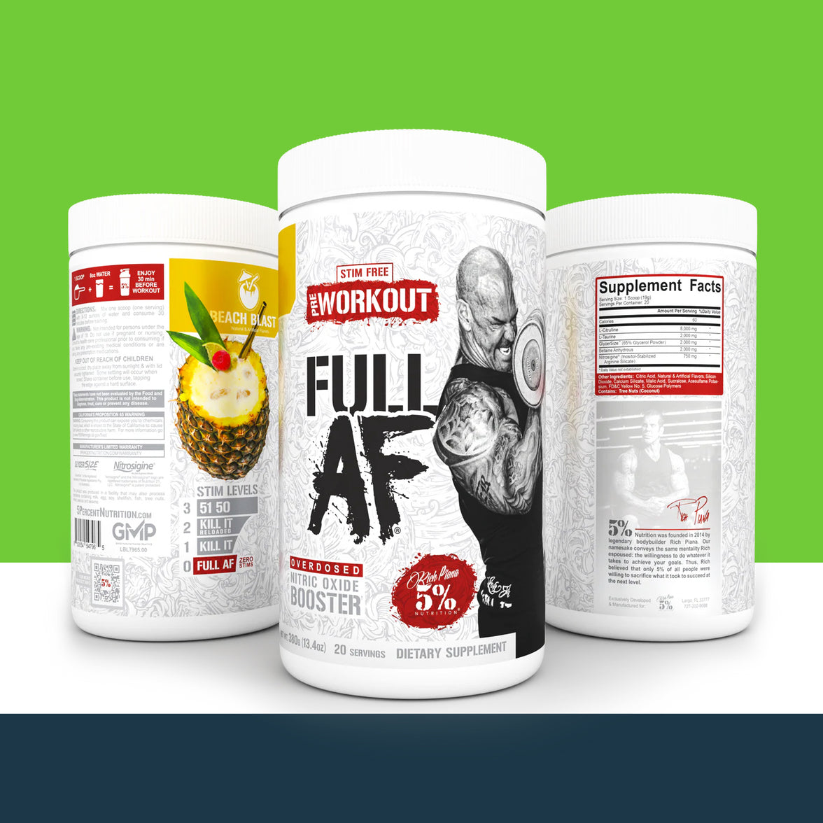 Three '5% Nutrition' supplement containers with 'Full AF' labels on a green background