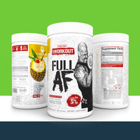 Three '5% Nutrition' supplement containers with 'Full AF' labels on a green background