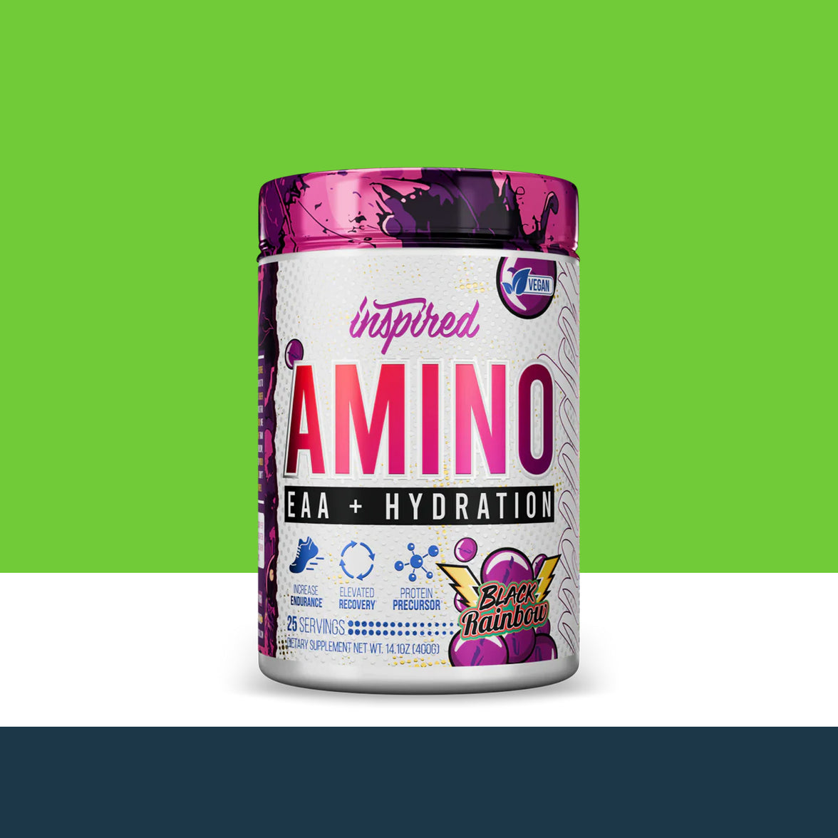 'Inspired' supplement container with colorful label on a green and white background