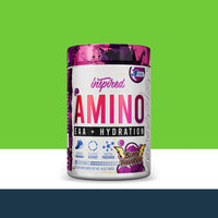 'Inspired' supplement container with colorful label on a green and white background