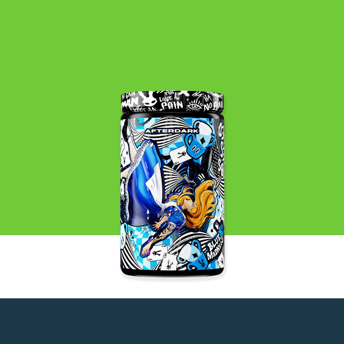 'After Dark' colorful container with artistic design on a green and white striped background