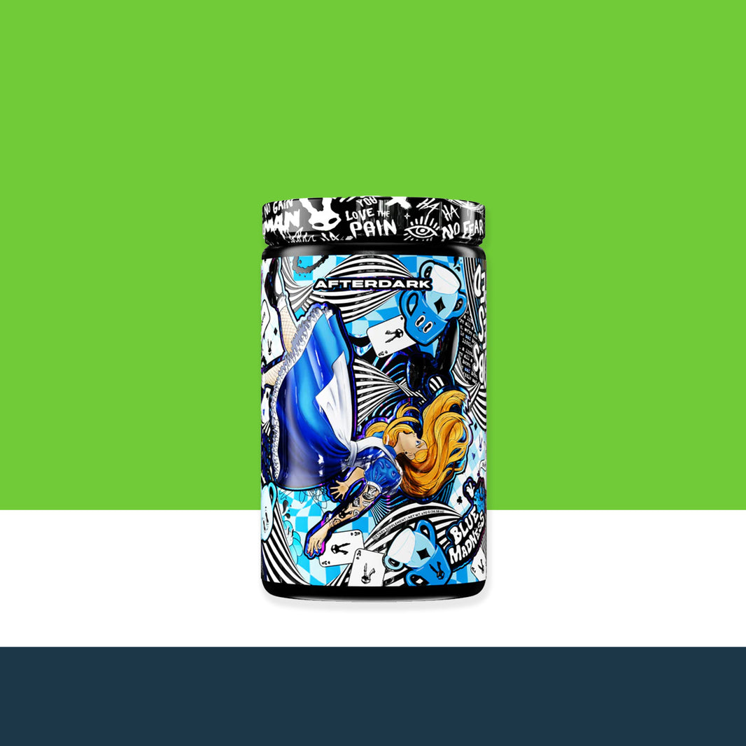 'After Dark' colorful container with artistic design on a green and white striped background