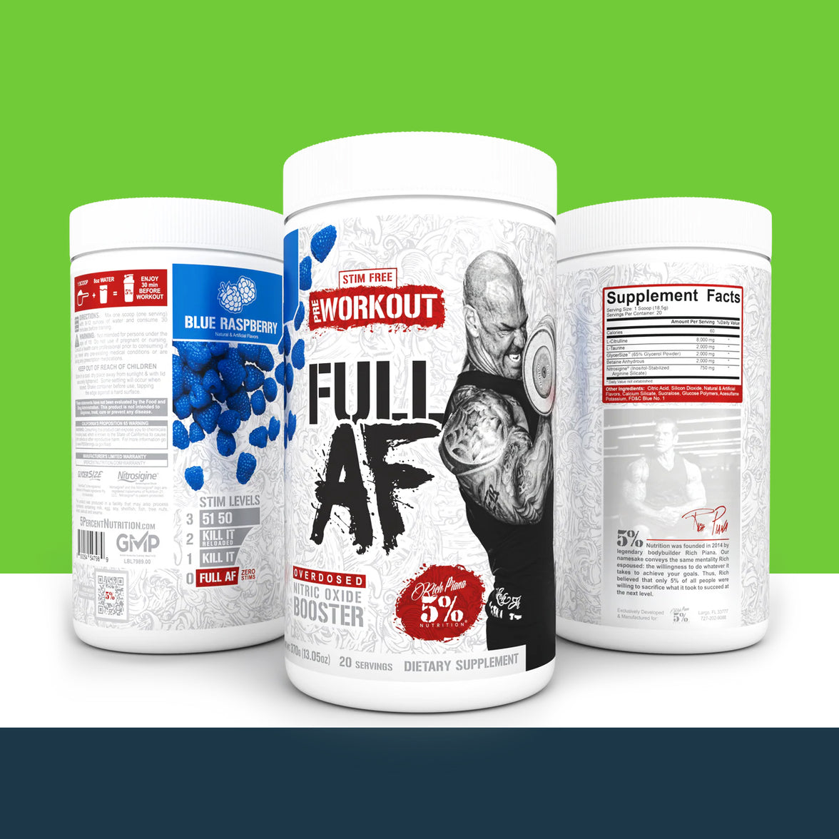 Three '5% Nutrition' supplement containers with 'Full AF' branding and text on a green background