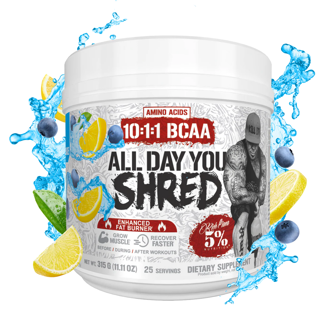 '5% Nutrition' supplement container labeled 'All Day You Shred' with lemon and blueberry graphics on a white background