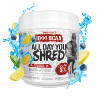 '5% Nutrition' supplement container labeled 'All Day You Shred' with lemon and blueberry graphics on a white background
