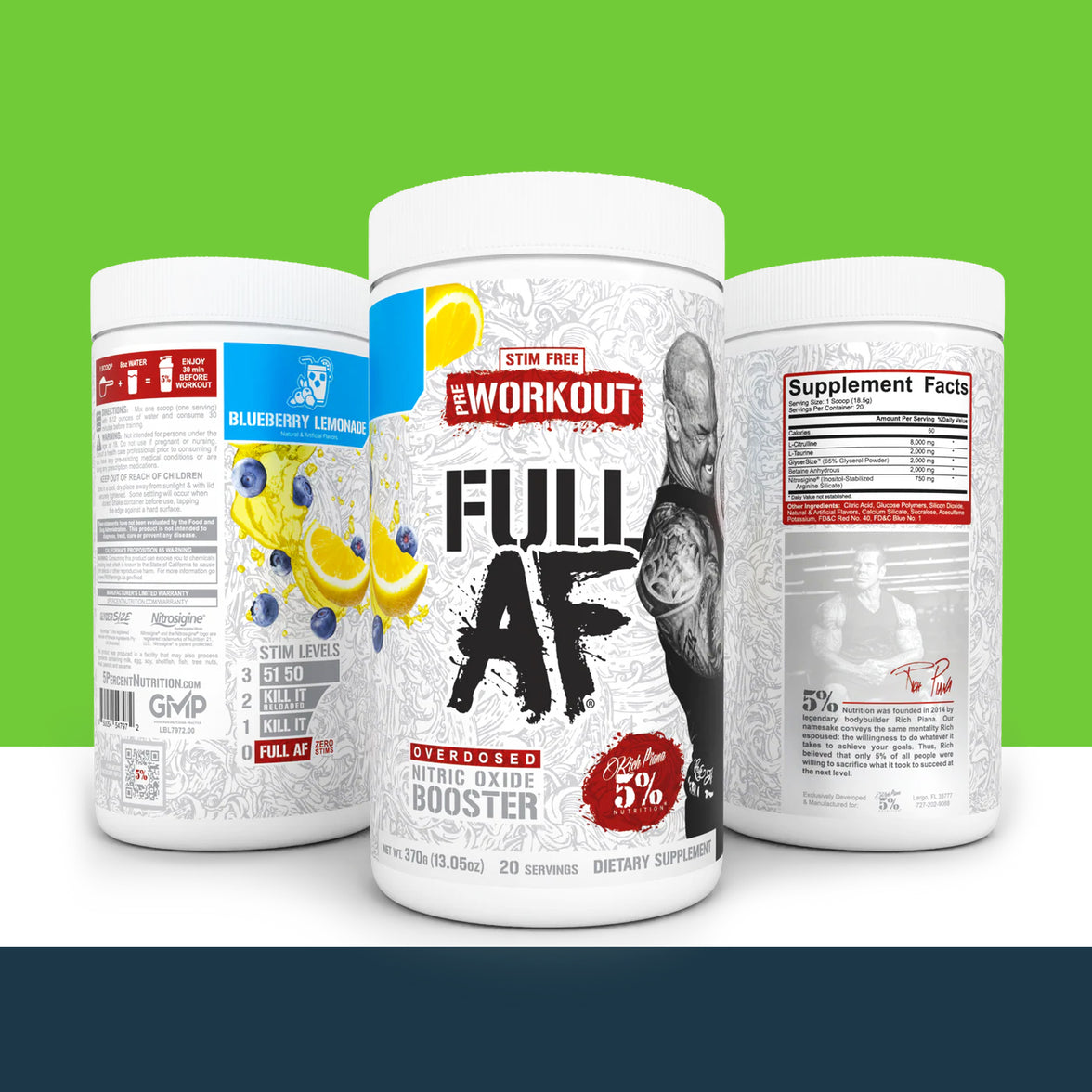 Three '5% Nutrition' supplement containers with 'Full AF' branding and text on a green background
