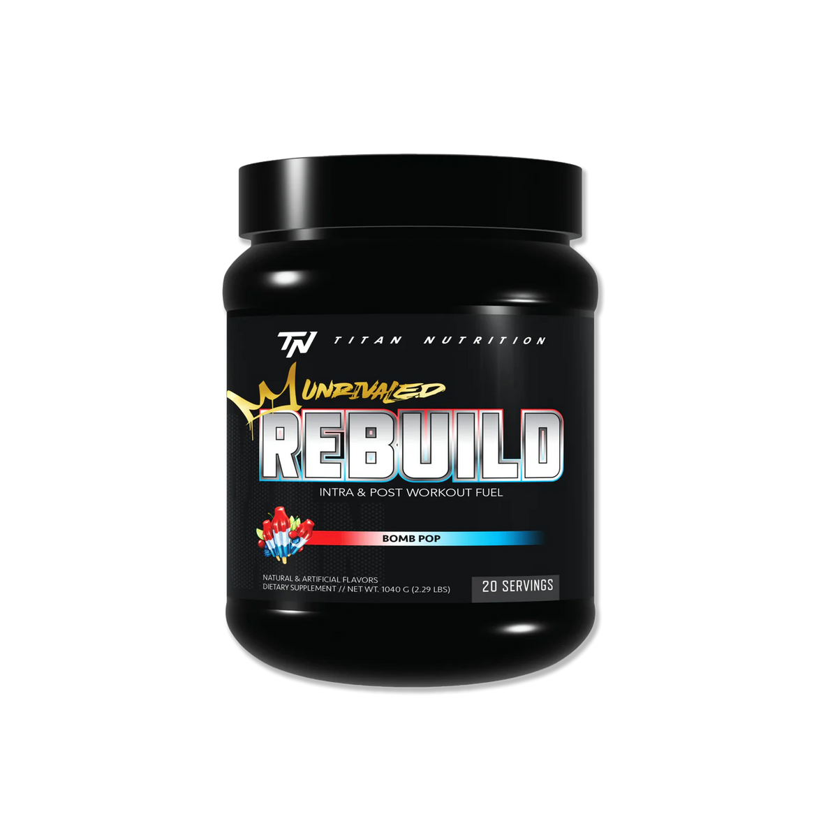 Black supplement container labeled 'Rebuild' by 'Titan Nutrition' on a white background