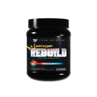 Black supplement container labeled 'Rebuild' by 'Titan Nutrition' on a white background