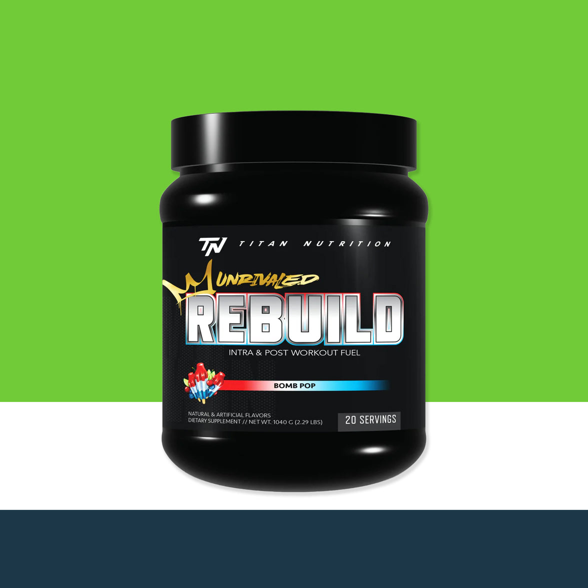 Black supplement container labeled 'Rebuild' by 'Titan Nutrition' on a green and white background