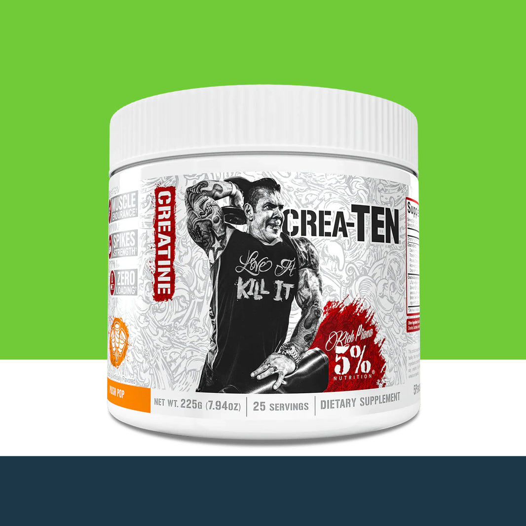 '5% Nutrition' supplement container labeled 'Crea-Ten' on a green background