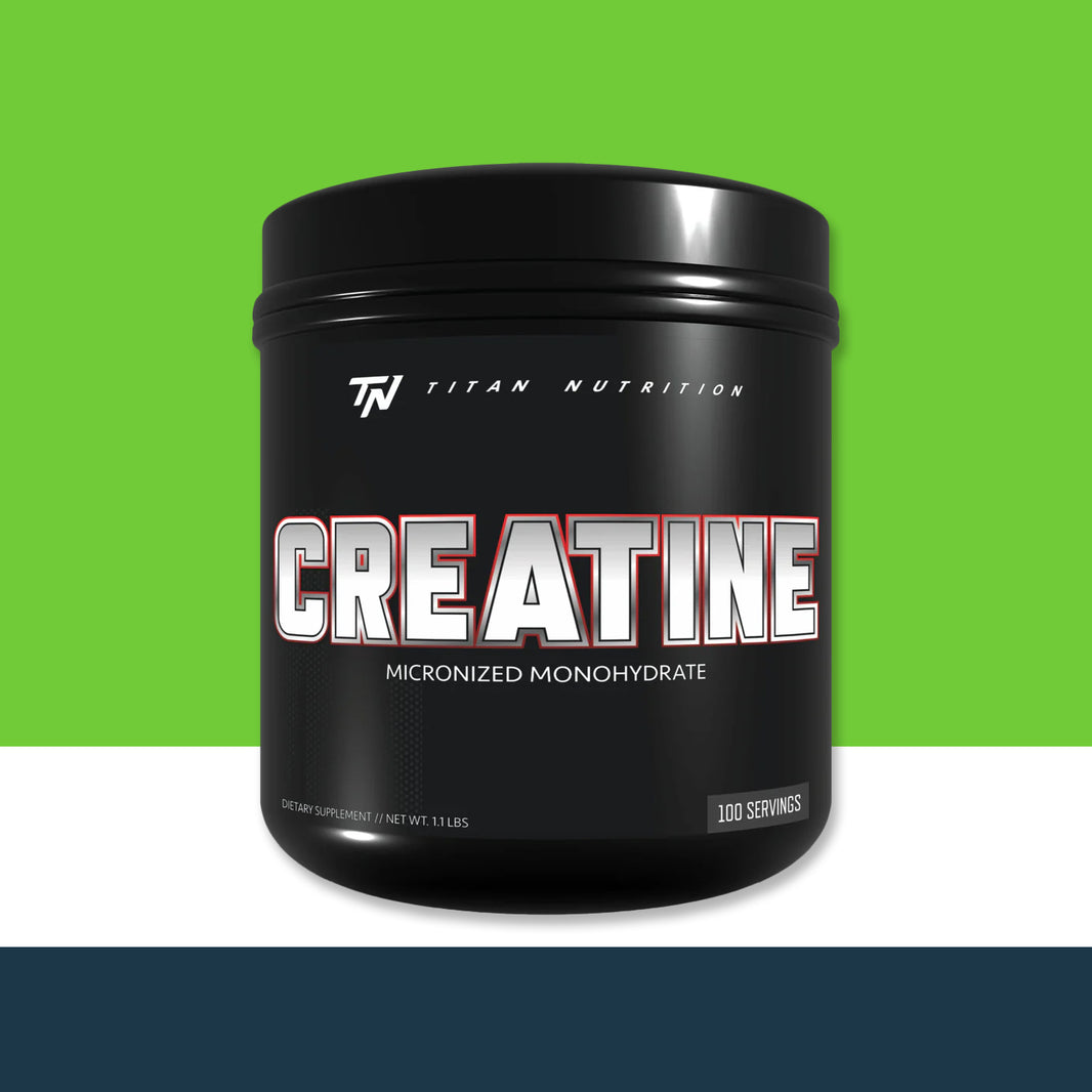 Black container of 'Titan Nutrition' Creatine powder on a green and white background
