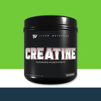 Black container of 'Titan Nutrition' Creatine powder on a green and white background