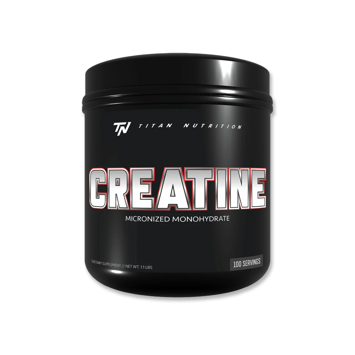 Black container of 'Titan Nutrition' Creatine powder on a white background