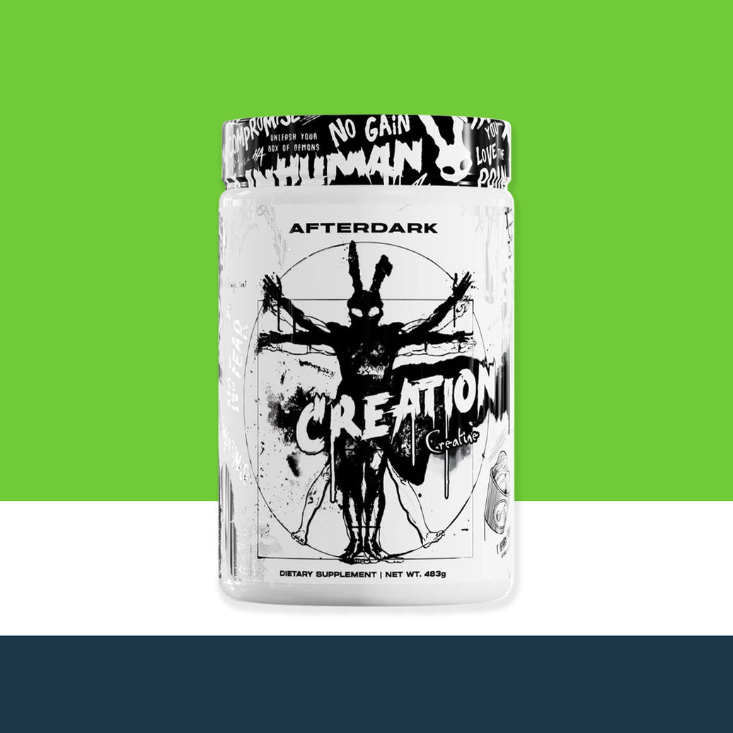 'After Dark' supplement container with artistic design on a green and white background