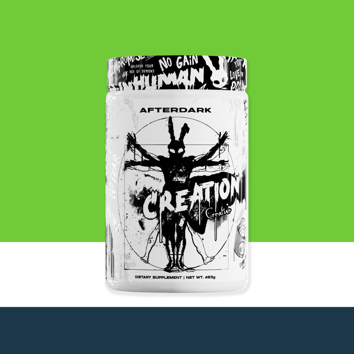 'After Dark' supplement container with artistic design on a green and white background