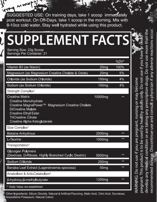 Supplement label with detailed ingredient list and usage instructions on a black background