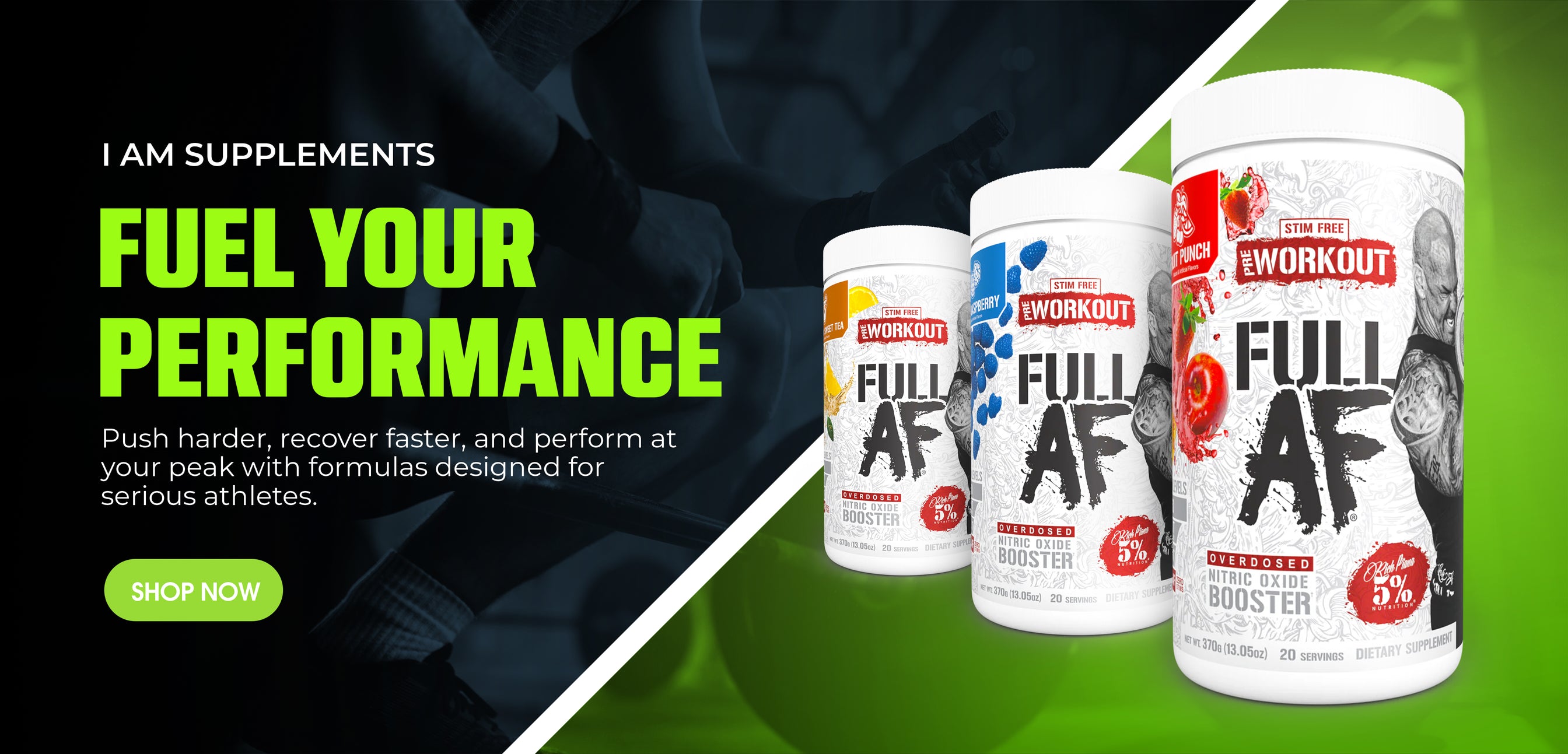 Supplement bottles with 'I AM Supplements' branding on a green and black background.