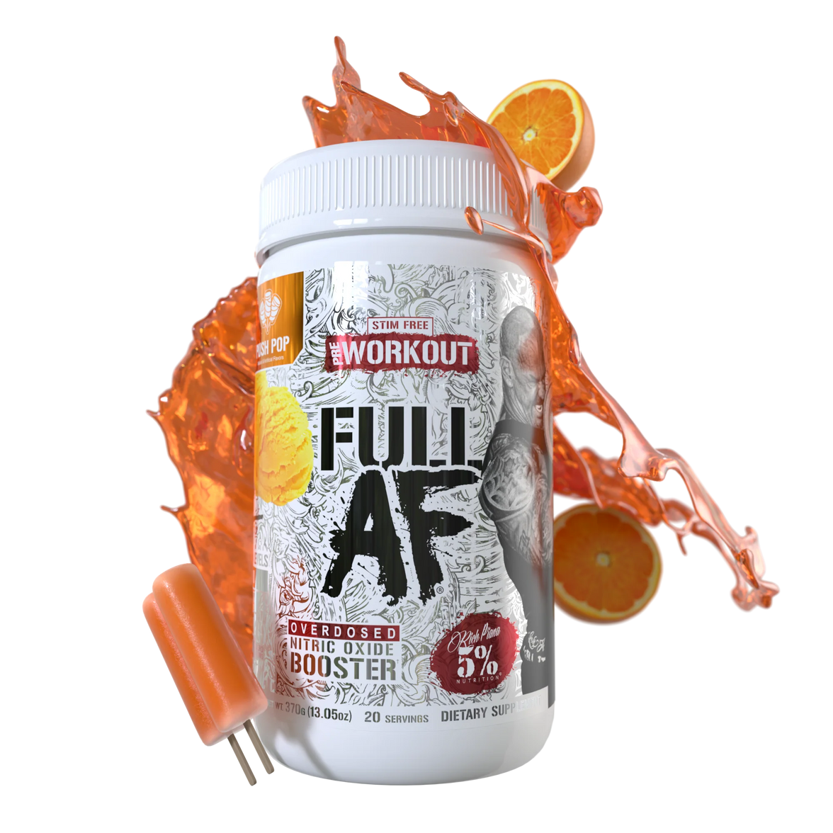 '5% Nutrition' supplement container labeled 'Full AF' with orange slices on a white background