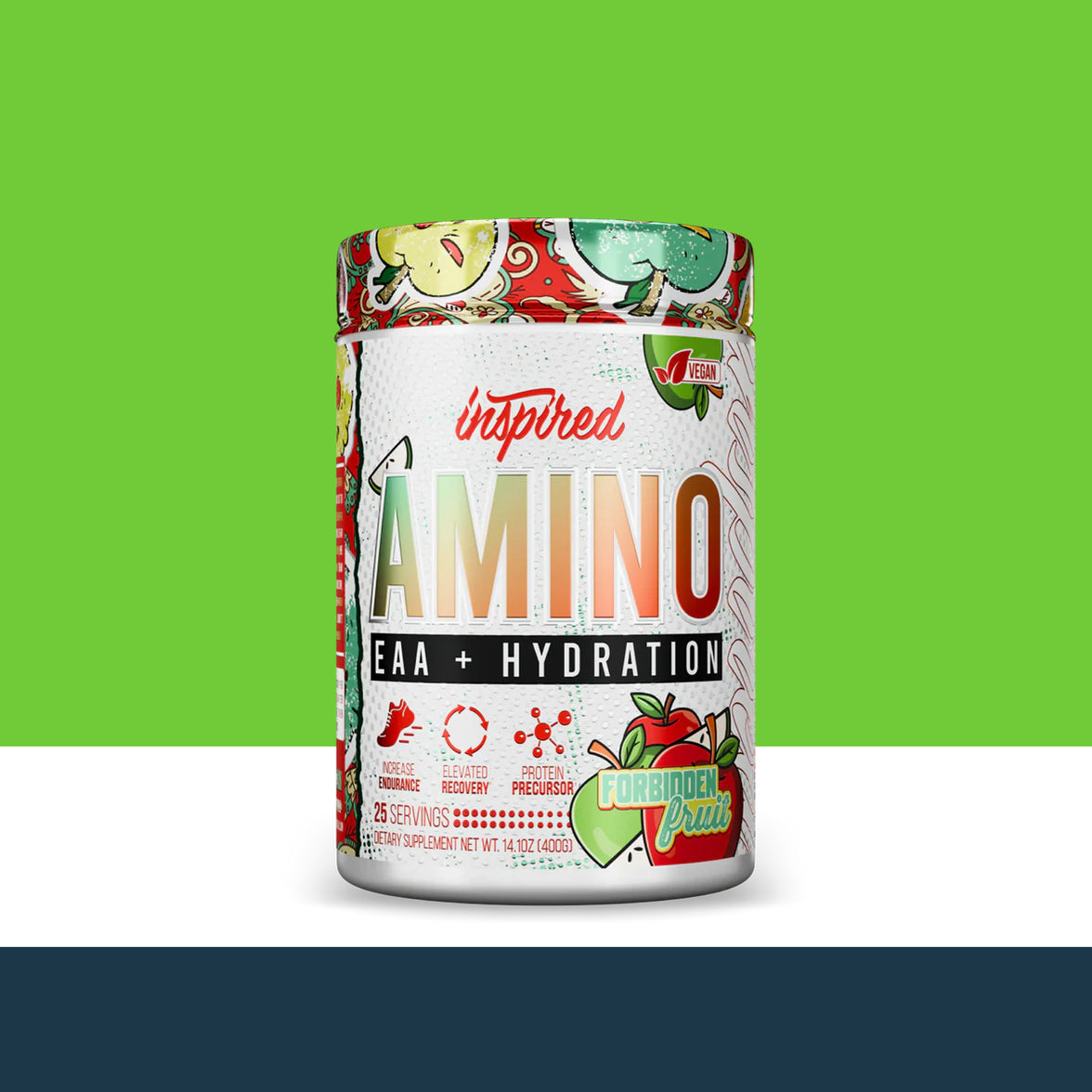 Supplement container labeled 'Inspired Amino' on a green and white background
