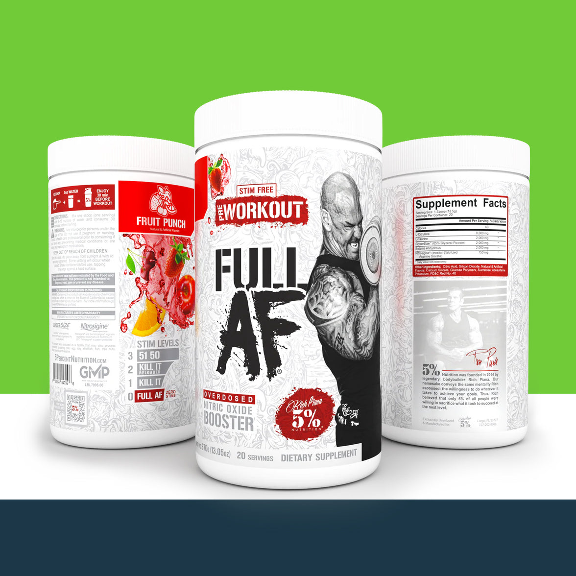 Three '5% Nutrition' supplement containers with 'Full AF' labels on a green background