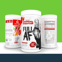 Three '5% Nutrition' supplement containers with 'Full AF' labels on a green background