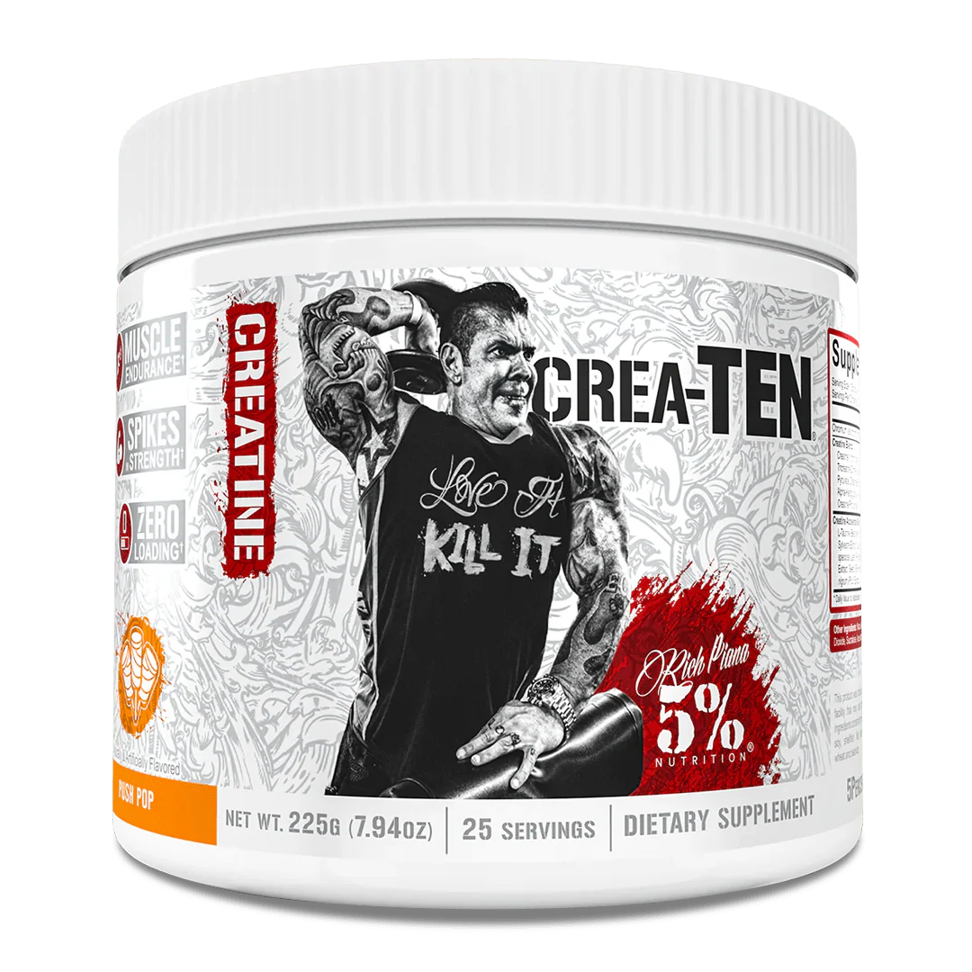 '5% Nutrition' supplement container labeled 'Crea-Ten' with a graphic of a person and text on a white background