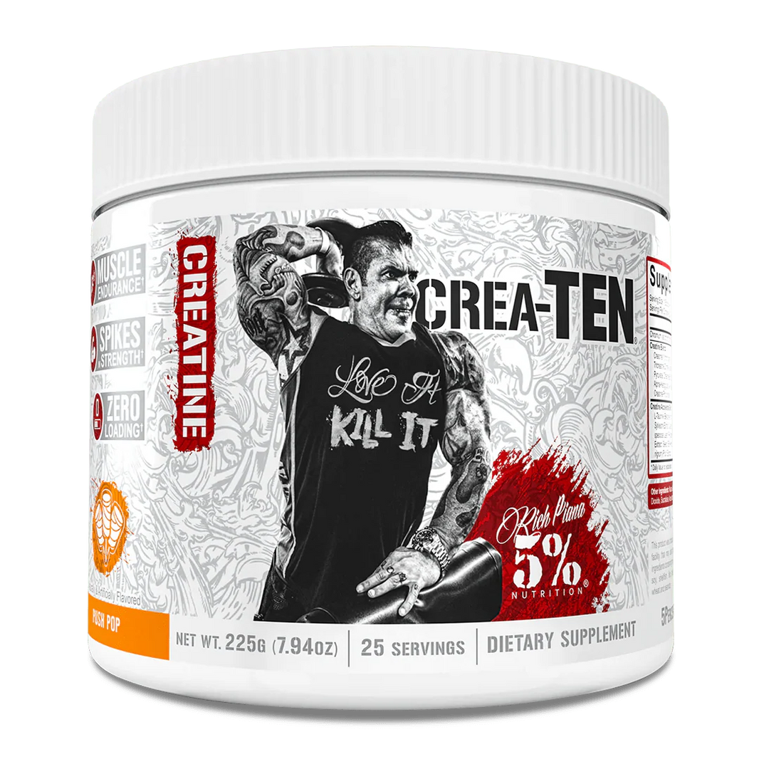 '5% Nutrition' supplement container labeled 'Crea-Ten' with a graphic of a person and text on a white background