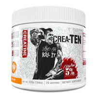 '5% Nutrition' supplement container labeled 'Crea-Ten' with a graphic of a person and text on a white background