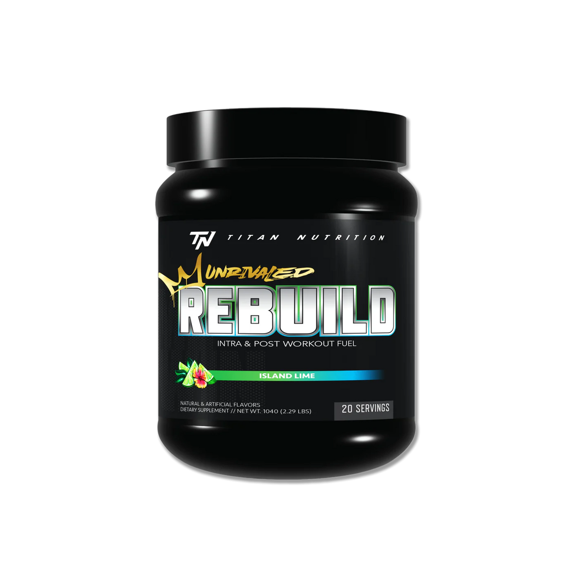 Black supplement container labeled 'Rebuild' by 'Titan Nutrition' on a white background