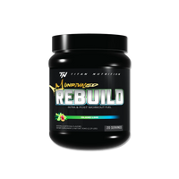 Black supplement container labeled 'Rebuild' by 'Titan Nutrition' on a white background