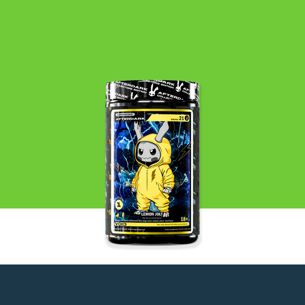 'After Dark' supplement container with cartoon character on a green and white background