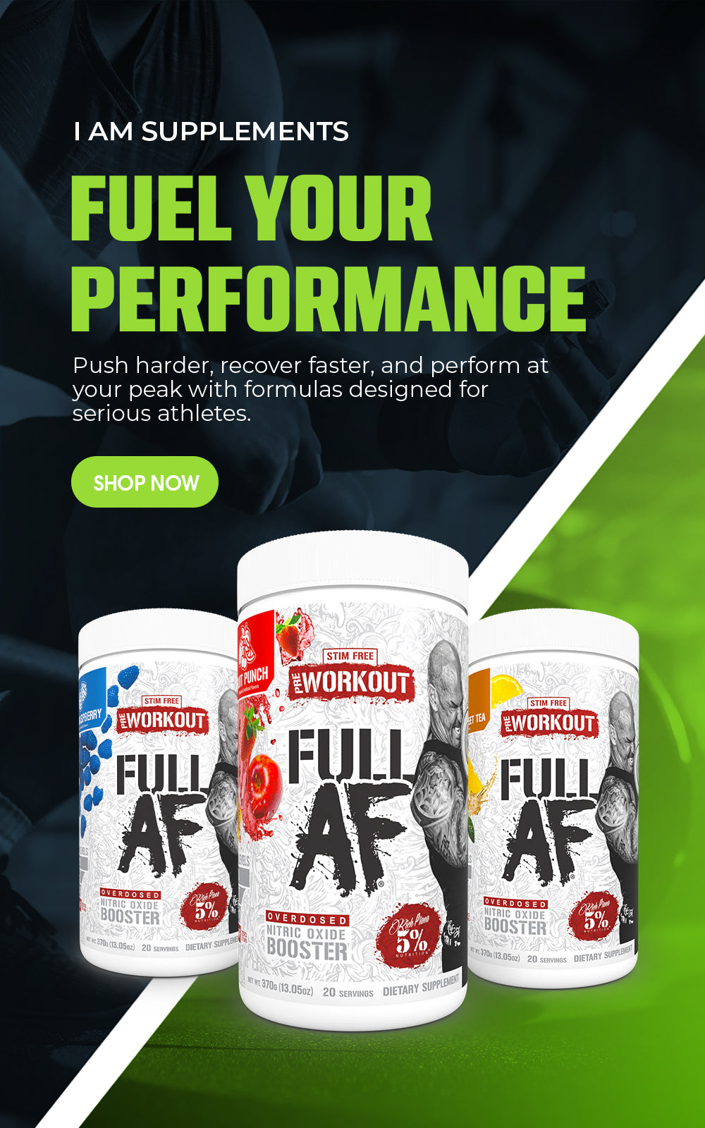 Supplement containers with 'Full AF' branding on a promotional graphic for athletic performance.