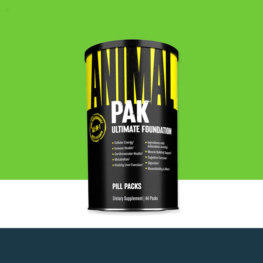 Supplement container labeled 'Animal Pak' on a green and white background