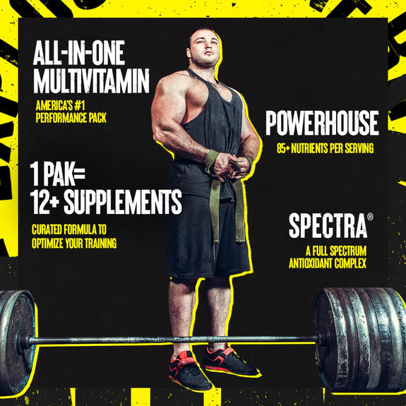 Advertisement for a multivitamin supplement with a muscular man standing by weights, featuring text about the product's features.