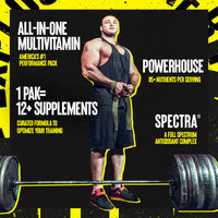 Advertisement for a multivitamin supplement with a muscular man standing by weights, featuring text about the product's features.